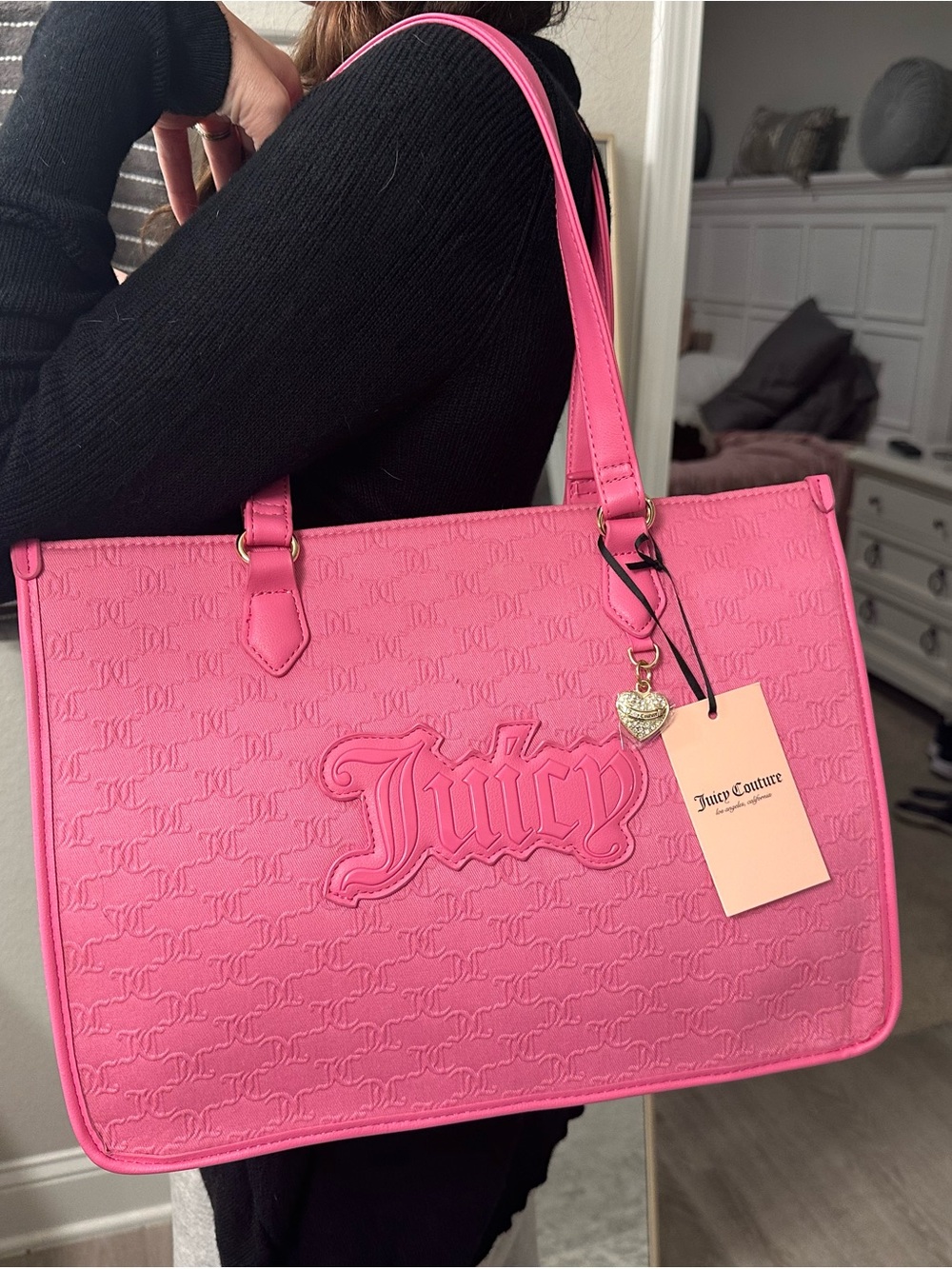 Juicy Couture Hot Pink Embossed Logo Tote with Heart Charm